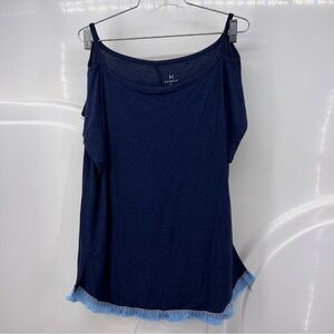 5/$25 Hannah large blue top slit at shoulder fringe hem  b37